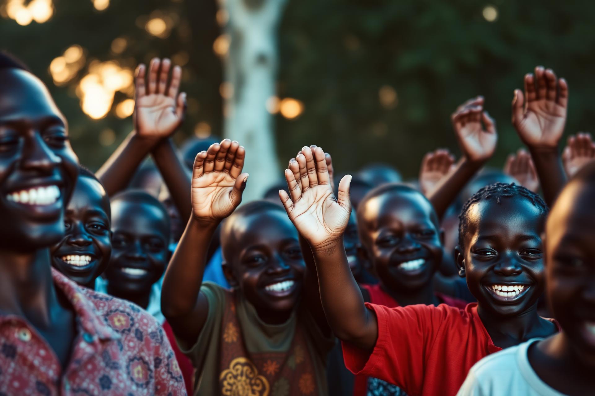 Community members raising hands together at sunrise
